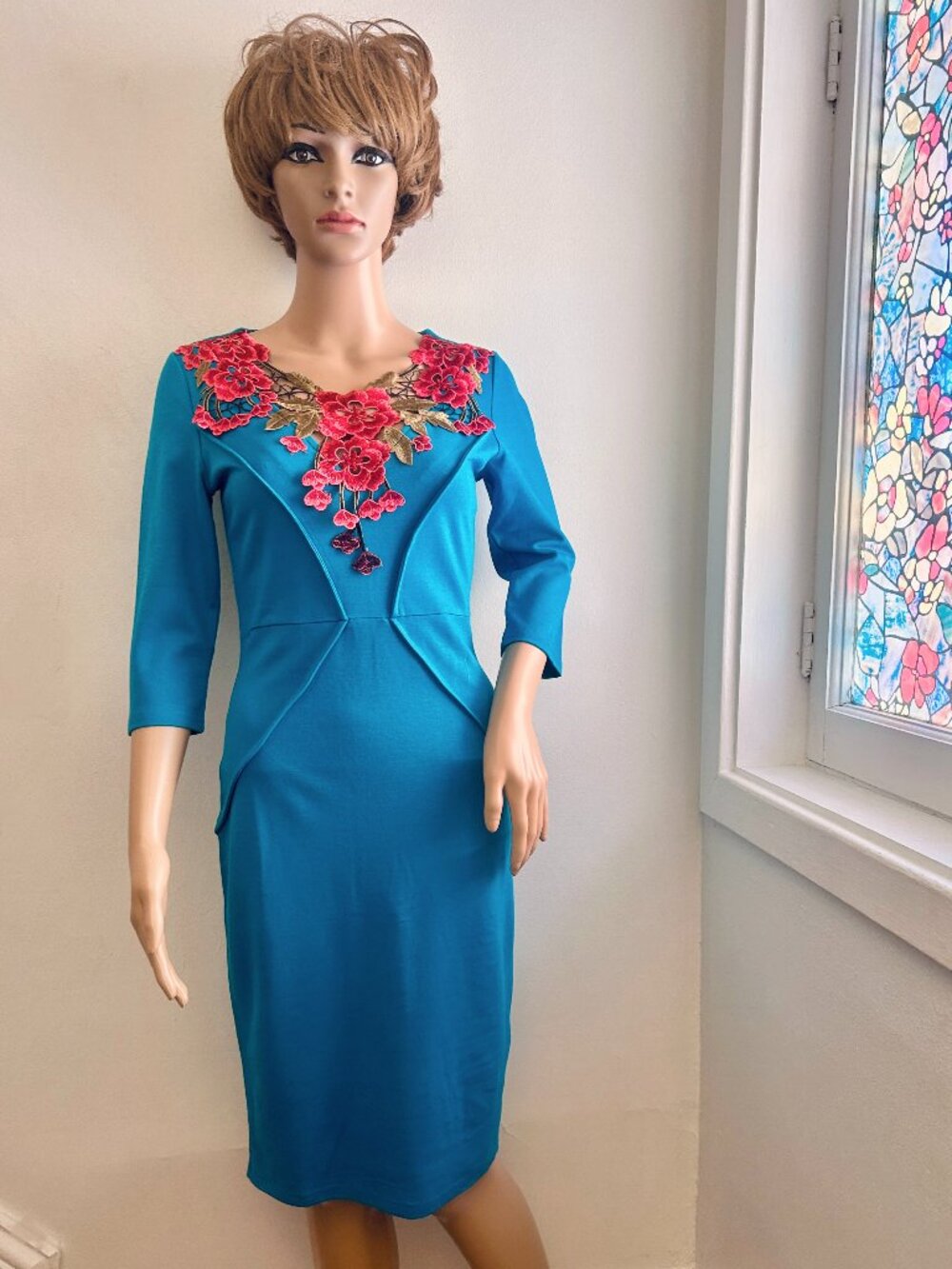 Turquoise Embroidered Floral Midi Dress | Elegant Occasion Dress | 3/4 Sleeve Sh
